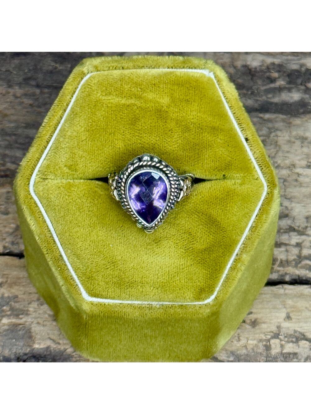 925 Sterling Silver & 14K Gold Amethyst Ring Size 7 Pear Cut 10g Statement